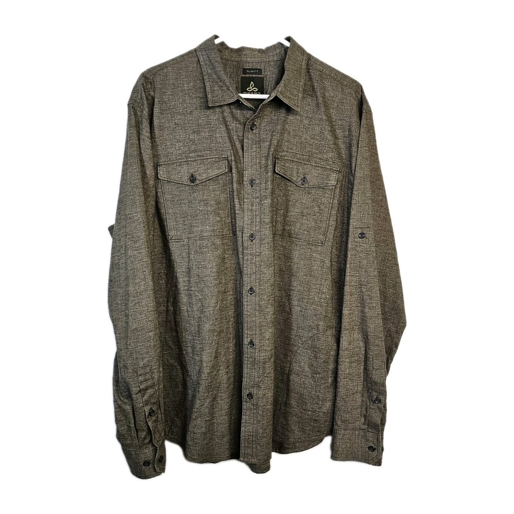 Prana Mens XL Slim Fit Hemp Blend Long Sleeve Button Down Shirt Green Utility